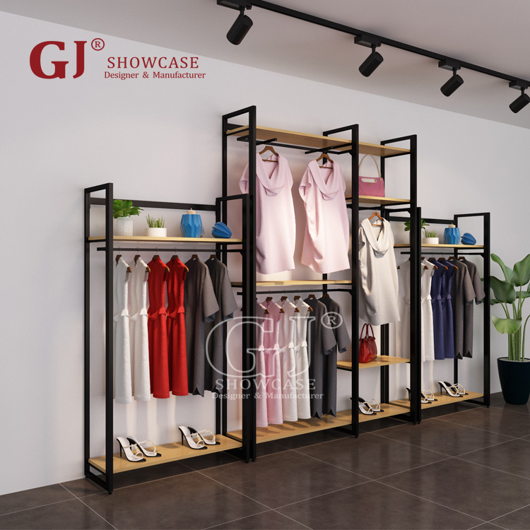 Retail Shop Wood Garment Rack Clothing Wall Displays Wall Mounted Clothes Rack With Shelves Hanging Stand