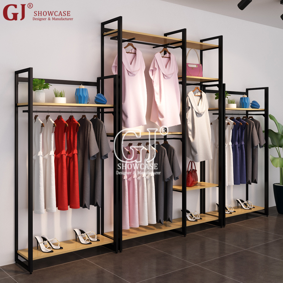 Metal wood display shelf clothing garment rack hanging clothes adjustable height clothes display stand