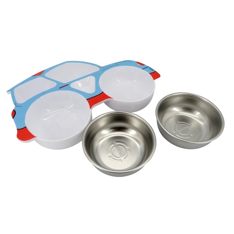 Child Dish Plate Stainless Steel Bowl with Tableware Plastic Car Design for Kids Food Safe Breakfast Serving Dishes