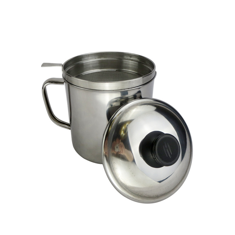 Cheap stainless steel travel camping mug single handle mesh strainer oil cup with lid oil filter oil pot