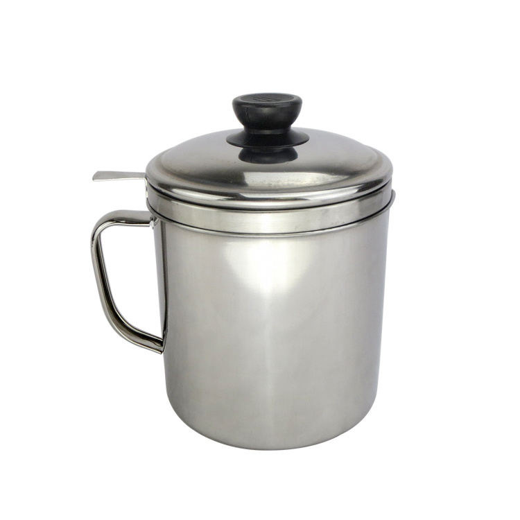 Cheap stainless steel travel camping mug single handle mesh strainer oil cup with lid oil filter oil pot