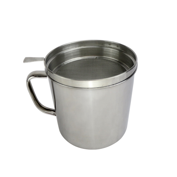 Cheap stainless steel travel camping mug single handle mesh strainer oil cup with lid oil filter oil pot