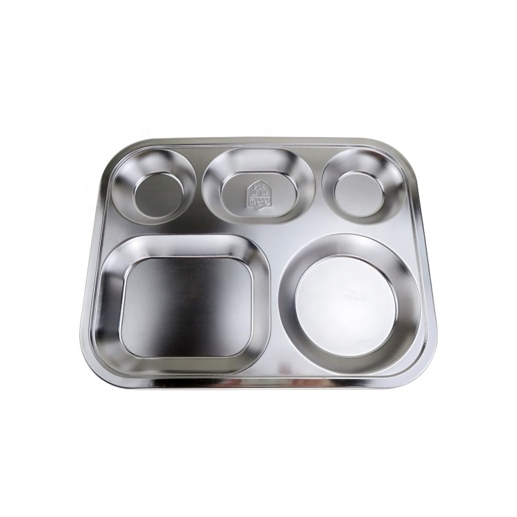 Plate dish metal stainless steel student lunch food dish 5 compartments divided serving tray rectangle Thai plate for canteen