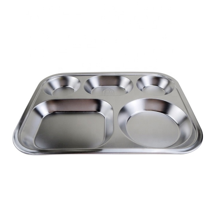 Plate dish metal stainless steel student lunch food dish 5 compartments divided serving tray rectangle Thai plate for canteen