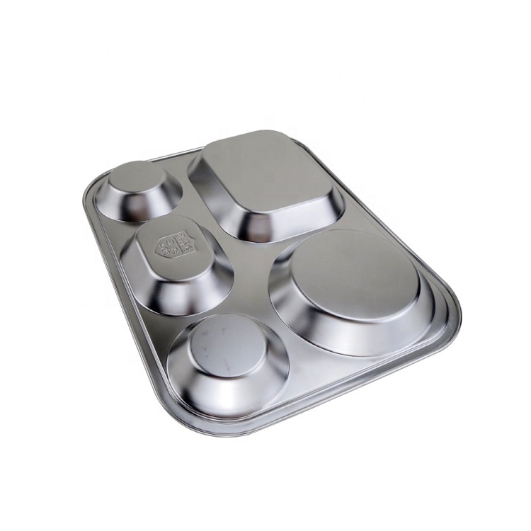 Plate dish metal stainless steel student lunch food dish 5 compartments divided serving tray rectangle Thai plate for canteen