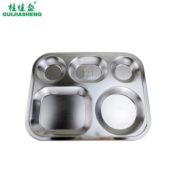 Plate dish metal stainless steel student lunch food dish 5 compartments divided serving tray rectangle Thai plate for canteen