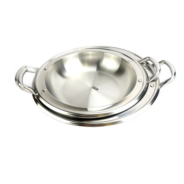 Restaurant Product Two Handle Round Wide Rim Cooking Seafood Paella Pans Stainless Steel Frying Pan for Sale