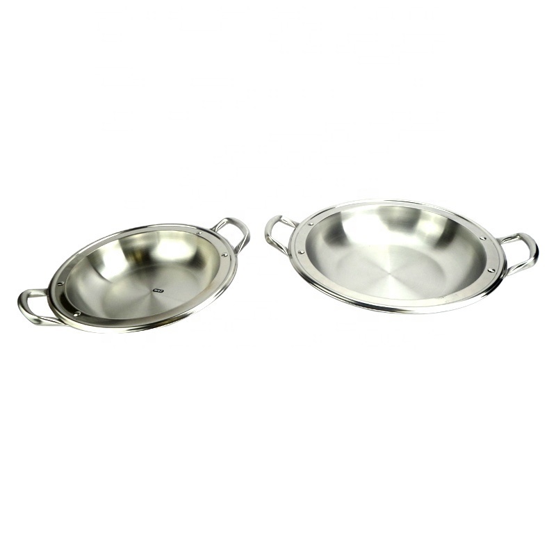 Restaurant Product Two Handle Round Wide Rim Cooking Seafood Paella Pans Stainless Steel Frying Pan for Sale