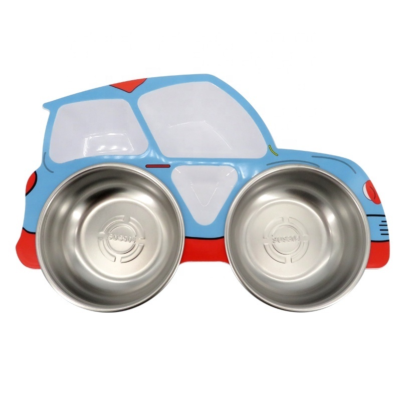 Child Dish Plate Stainless Steel Bowl with Tableware Plastic Car Design for Kids Food Safe Breakfast Serving Dishes