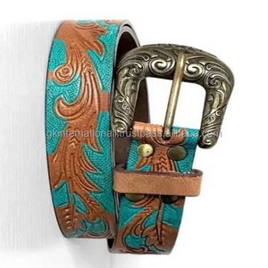 Handmade Turquoise color engraved western leather tooling belt for men & women with vintage brass plated floral pin buckle