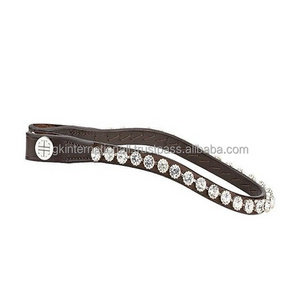 Premium Black Thick Saddle Leather horse brow band with branded round white crystals rhinestones decorative bling brow band