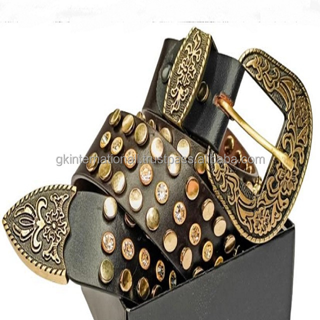 Top Grain Golden Stud crystals men's genuine leather casual belt customized handmade fashion belt with 3 piece floral buckle