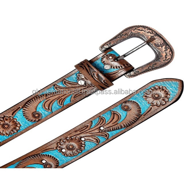 Sapphire blue hand painting & hand carving embossed pattern brown western leather tooling belt for men with floral buckle set