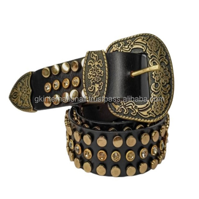 Top Grain Golden Stud crystals men's genuine leather casual belt customized handmade fashion belt with 3 piece floral buckle