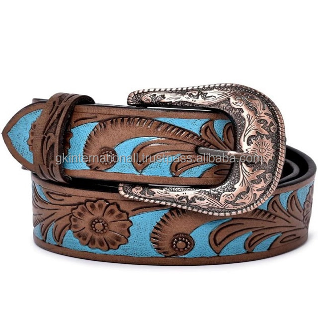 Sapphire blue hand painting & hand carving embossed pattern brown western leather tooling belt for men with floral buckle set