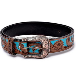 Sapphire blue hand painting & hand carving embossed pattern brown western leather tooling belt for men with floral buckle set