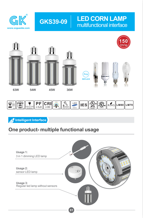 ul corn bulb led lamp e39 e40 e27 110v led bulbs 6500k smart e27 led park post top e26 light