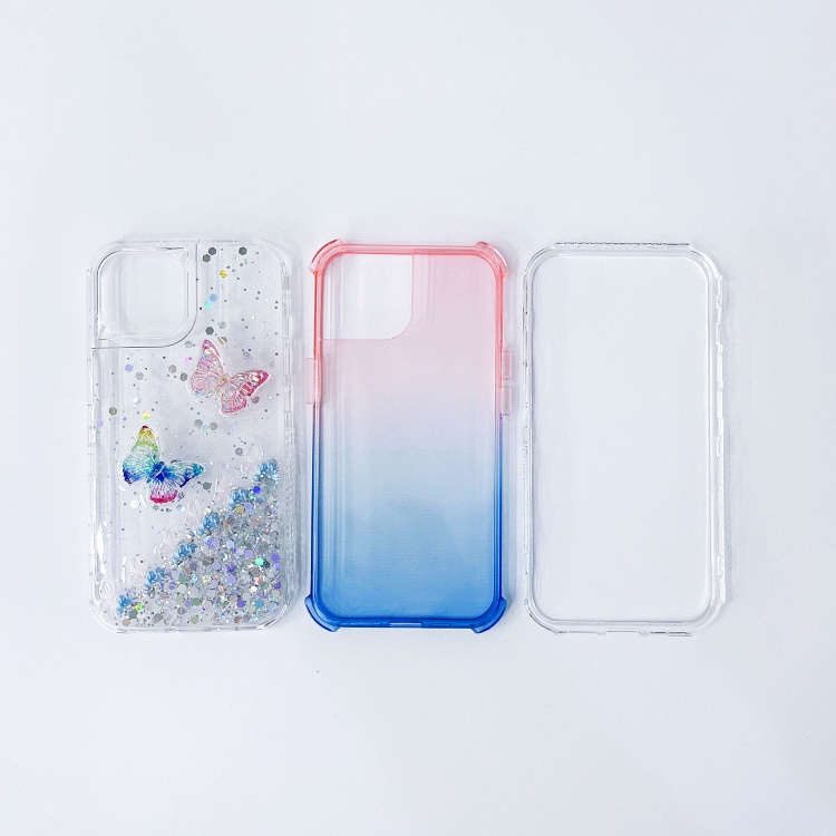 Crystal Three-In-One TPU Dyed Two-Color Gradient + PC Glue + Butterfly Accessories Cell Phone Case for iPhone for Samsung f 2739