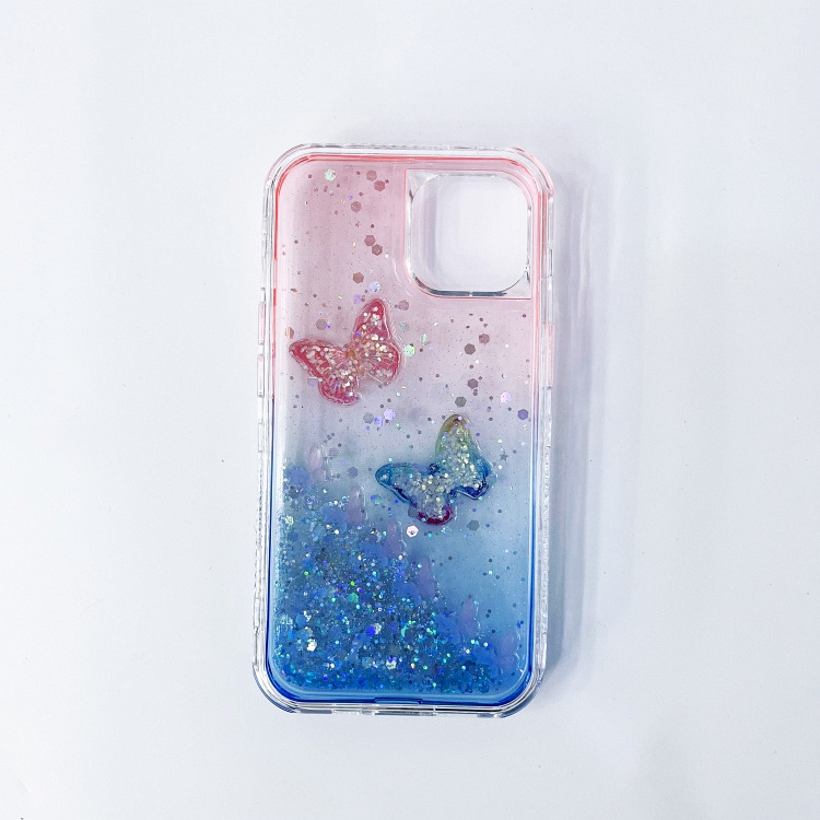 Crystal Three-In-One TPU Dyed Two-Color Gradient + PC Glue + Butterfly Accessories Cell Phone Case for iPhone for Samsung f 2739