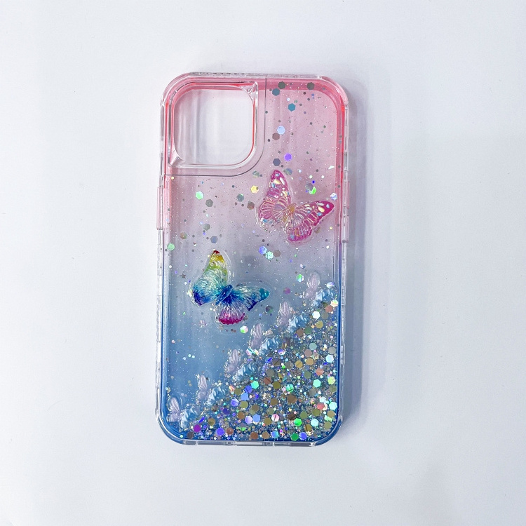 Crystal Three-In-One TPU Dyed Two-Color Gradient + PC Glue + Butterfly Accessories Cell Phone Case for iPhone for Samsung f 2739