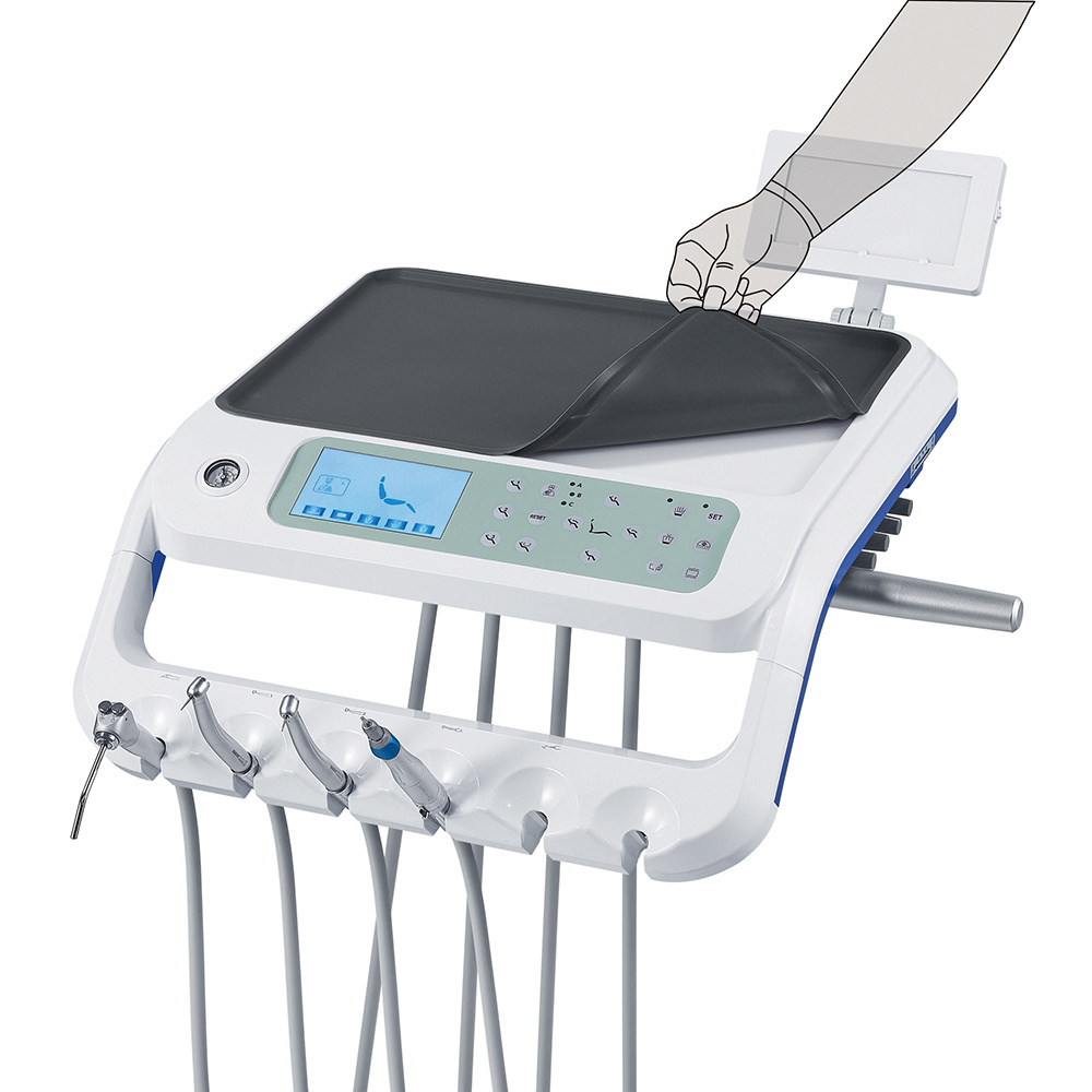 dental chair with rotated right armrest and Aluminum alloy backrest