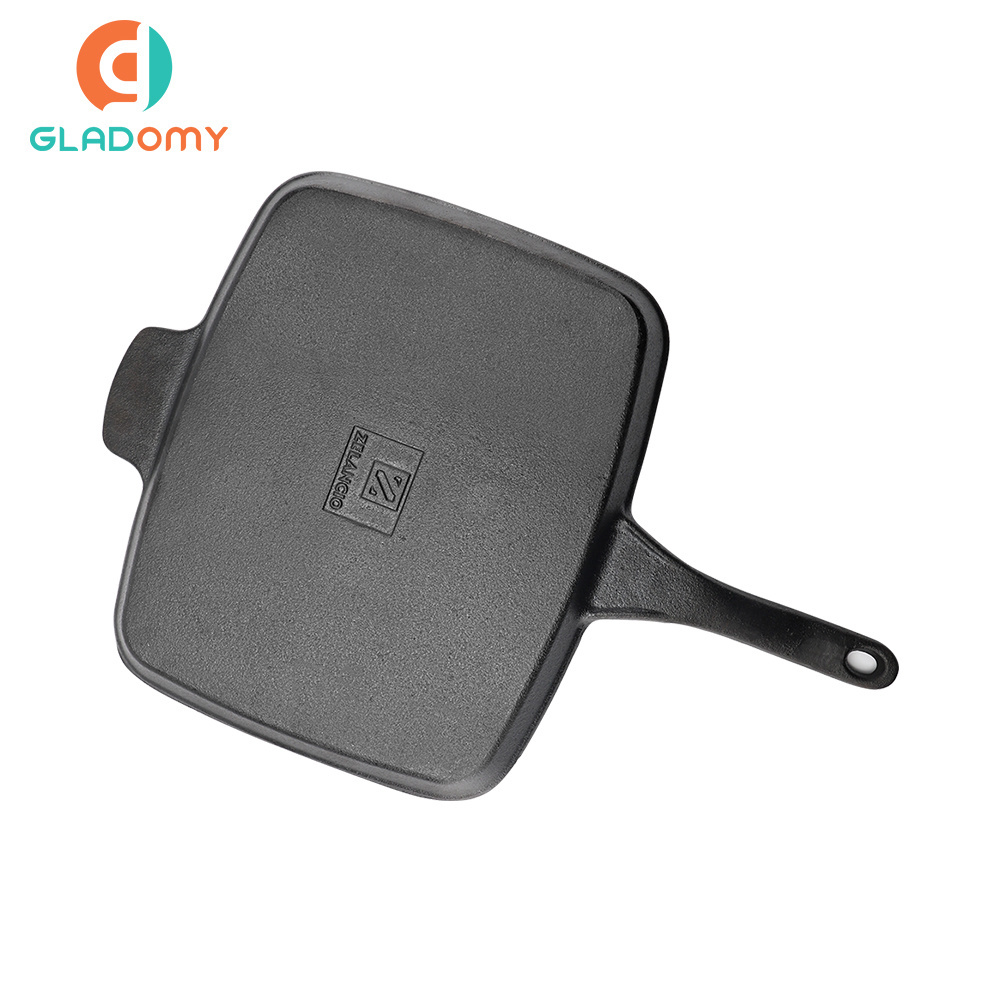 High quality long handle square shape vegetable oil coating cast iron multi-function sandwiches grill pan