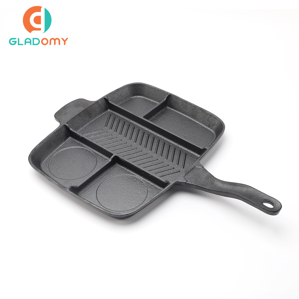 High quality long handle square shape vegetable oil coating cast iron multi-function sandwiches grill pan