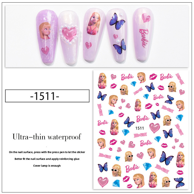 1511-1416 Wholesale Nail Art Supplies Adhesive Cartoon Pink Barbie Figure Print Nail Art Stickers and Decals