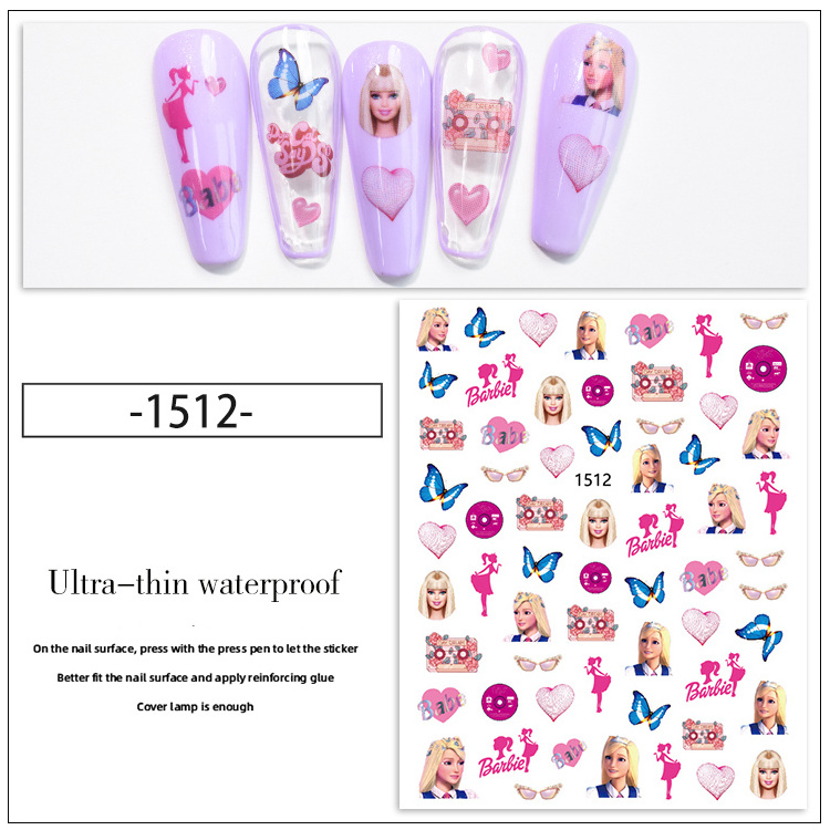 1511-1416 Wholesale Nail Art Supplies Adhesive Cartoon Pink Barbie Figure Print Nail Art Stickers and Decals