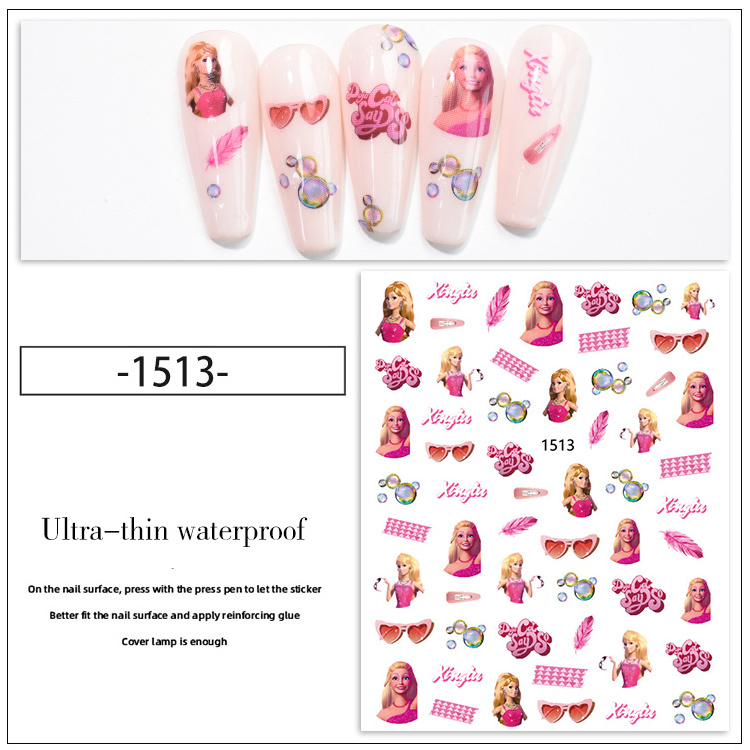 1511-1416 Wholesale Nail Art Supplies Adhesive Cartoon Pink Barbie Figure Print Nail Art Stickers and Decals