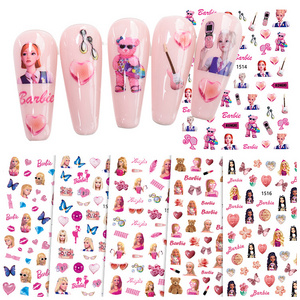 1511-1416 Wholesale Nail Art Supplies Adhesive Cartoon Pink Barbie Figure Print Nail Art Stickers and Decals