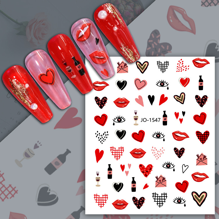 1547-1558 Wholesale Nail Art Suppliers Adhesive Red Pink Heart Lips Flower Nail Art Love Stickers and Decals