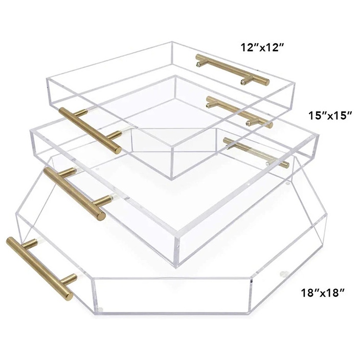 Custom Luxury Decorative Tea Paper Insert Empty Storage Food Acrylic Serving Trays with Handles