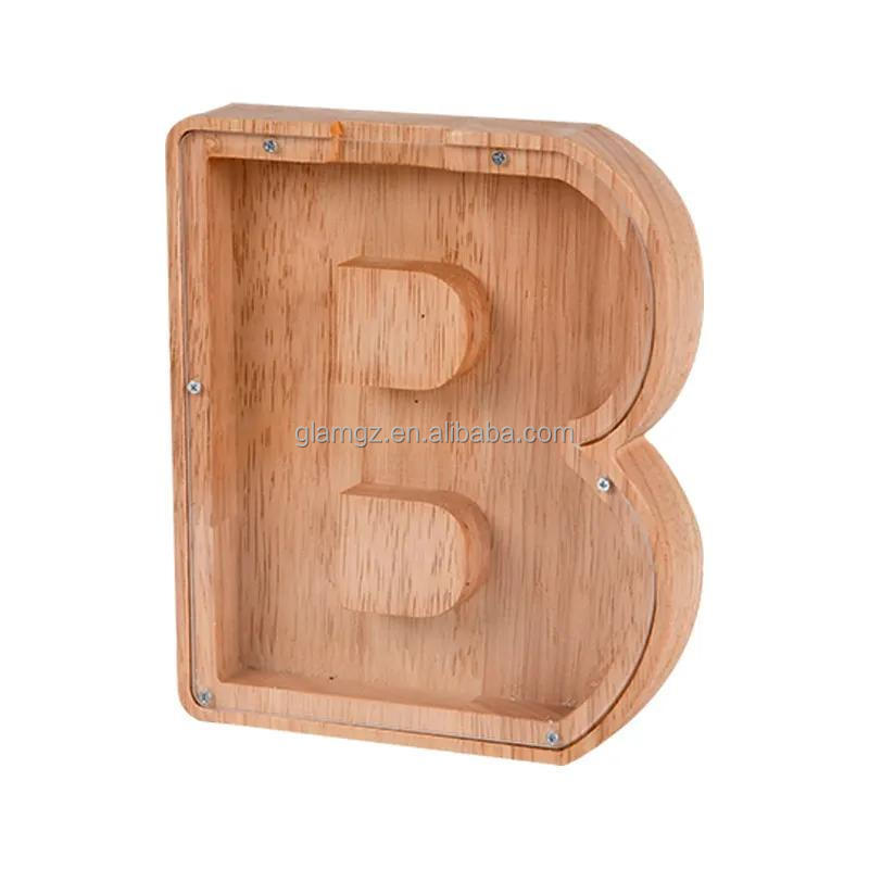 Wooden Letter Piggy Bank English Alphabet Storage Box Clear acrylic Coin Saving Jar