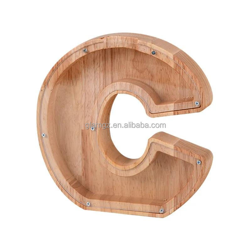 Wooden Letter Piggy Bank English Alphabet Storage Box Clear acrylic Coin Saving Jar