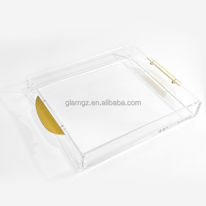 Custom Luxury Decorative Tea Paper Insert Empty Storage Food Acrylic Serving Trays with Handles