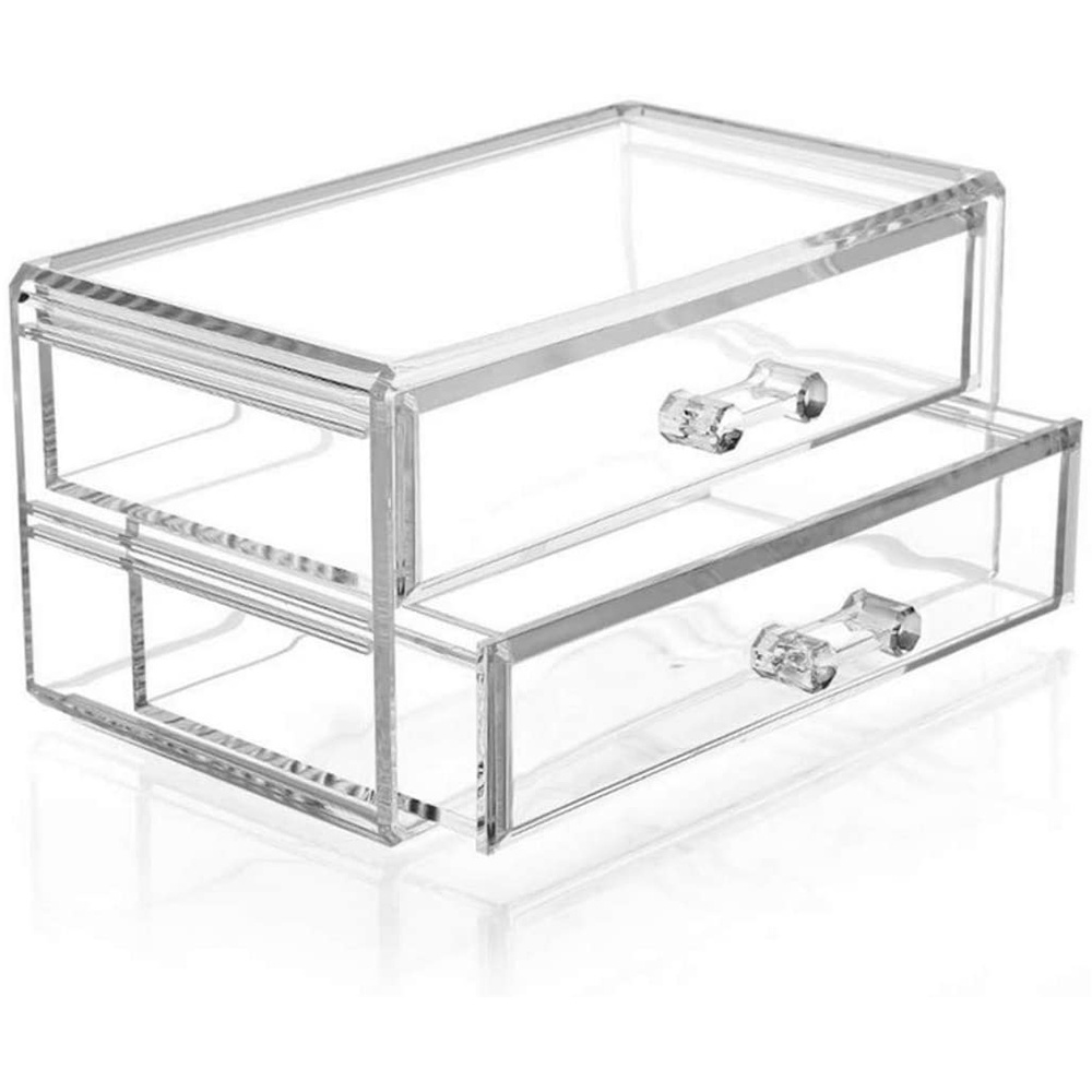 Acrylic Cosmetic Makeup Organizer Jewelry Storage Display Case 2 Drawer Set Clear Deluxe Box