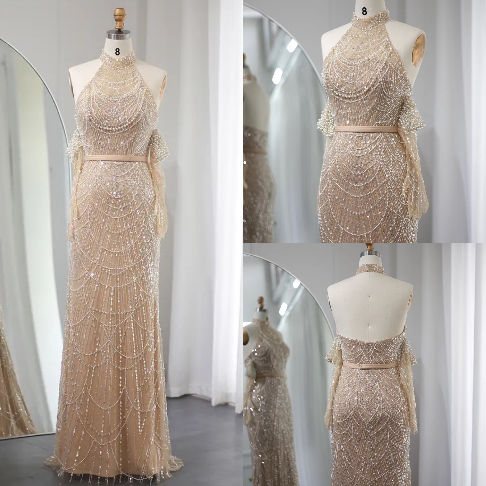 Luxury Dubai Nude Mermaid Evening Dresses 2023 Sexy Halter Arabic Women Wedding Formal Party Gowns