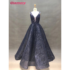 Dark Blue Sexy backless V Neck Ball Gown Sleeveless Long Shinny Glitter Embroidery Prom 2020 Ladies' Evening Dress