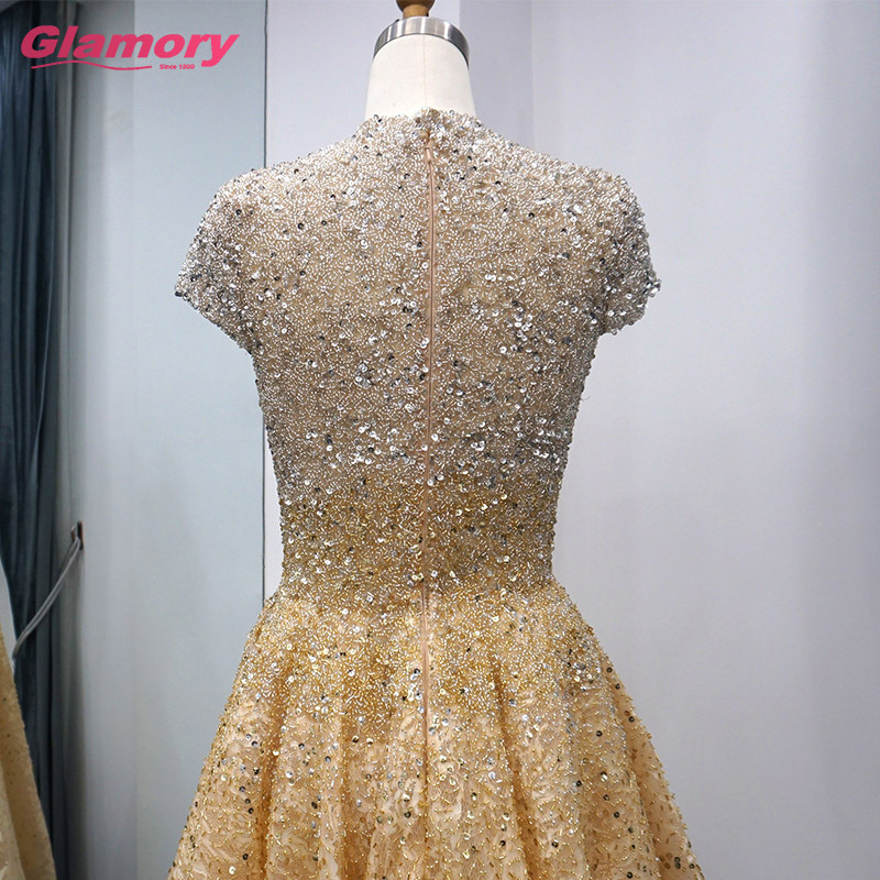 Gold 2020 High Neck Front Short Back Long prom Dress Beading Lace Sleeveless Evening Gowns