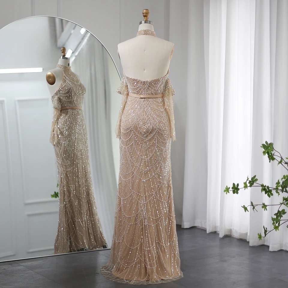 Luxury Dubai Nude Mermaid Evening Dresses 2023 Sexy Halter Arabic Women Wedding Formal Party Gowns