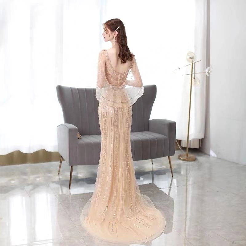 2021 New Fashion Beading Evening Dress Mermaid V Neck Sexy Party Wear Gown With Cape For Women