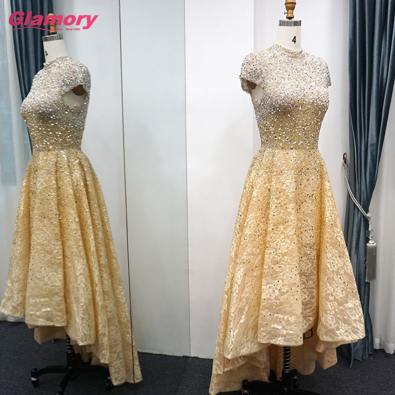 Gold 2020 High Neck Front Short Back Long prom Dress Beading Lace Sleeveless Evening Gowns