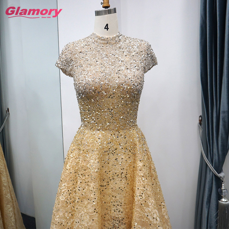 Gold 2020 High Neck Front Short Back Long prom Dress Beading Lace Sleeveless Evening Gowns