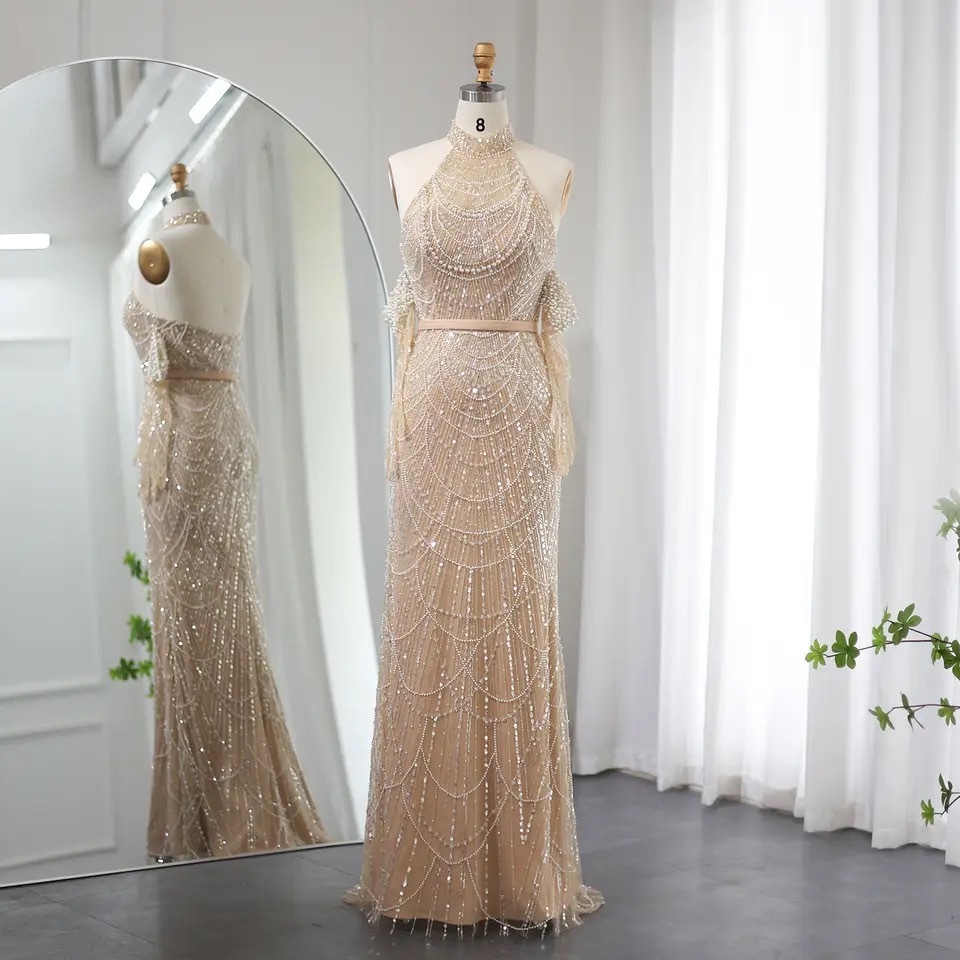 Luxury Dubai Nude Mermaid Evening Dresses 2023 Sexy Halter Arabic Women Wedding Formal Party Gowns