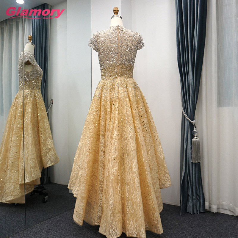 Gold 2020 High Neck Front Short Back Long prom Dress Beading Lace Sleeveless Evening Gowns