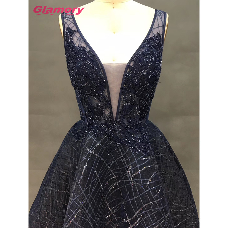 Dark Blue Sexy backless V Neck Ball Gown Sleeveless Long Shinny Glitter Embroidery Prom 2020 Ladies' Evening Dress