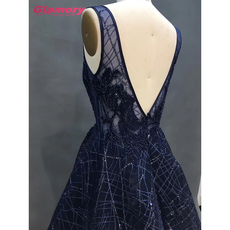 Dark Blue Sexy backless V Neck Ball Gown Sleeveless Long Shinny Glitter Embroidery Prom 2020 Ladies' Evening Dress