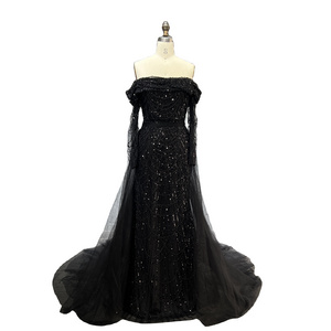 2023 Luxury Black Dubai Evening Dress Off Long Sleeve Detachable skirt Arabic Women Wedding Party Prom Gown