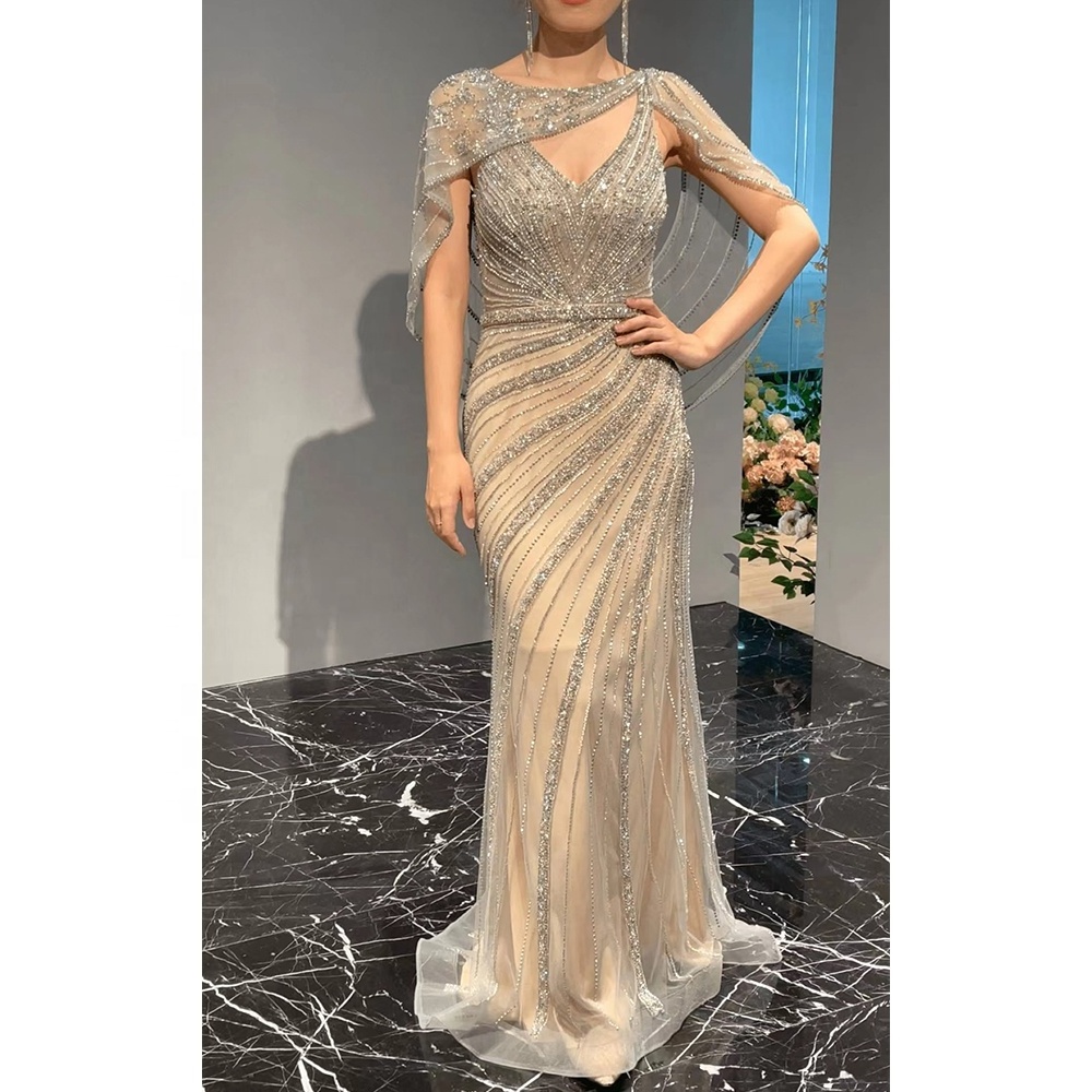 2021 New Fashion Beading Evening Dress Mermaid V Neck Sexy Party Wear Gown With Cape For Women